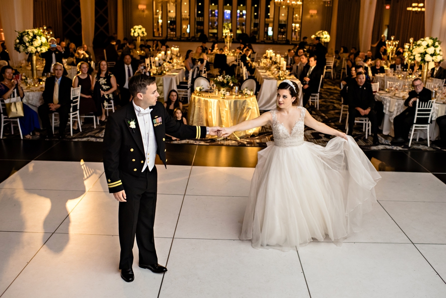 A newly married couple share their first dance at their wedding reception at Vie in Philadelphia.